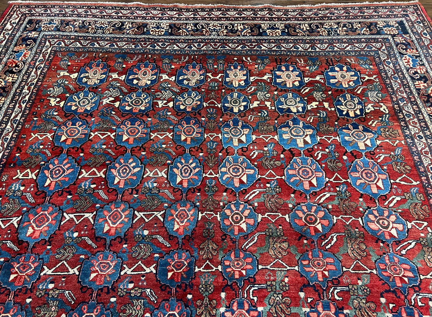 Antique Persian Bijar Rug 9x12 - Allover Motif, Red & Blue