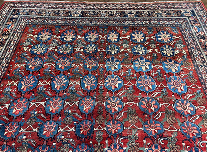 Antique Persian Bijar Rug 9x12 - Allover Motif, Red & Blue
