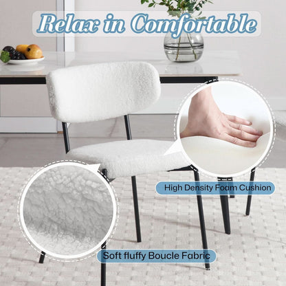 White Boucle Upholstered Dining Chairs Curved Back
