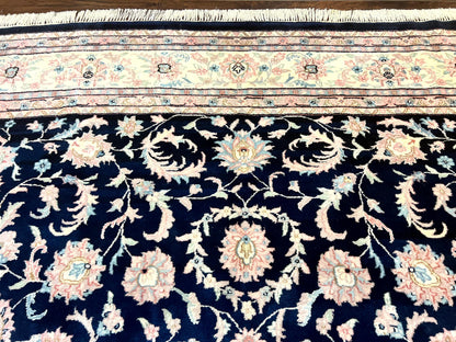 Indo Persian Rug 9x12, Navy Blue and Ivory/Cream, Floral Allover, Wool Vintage Handmade Carpet