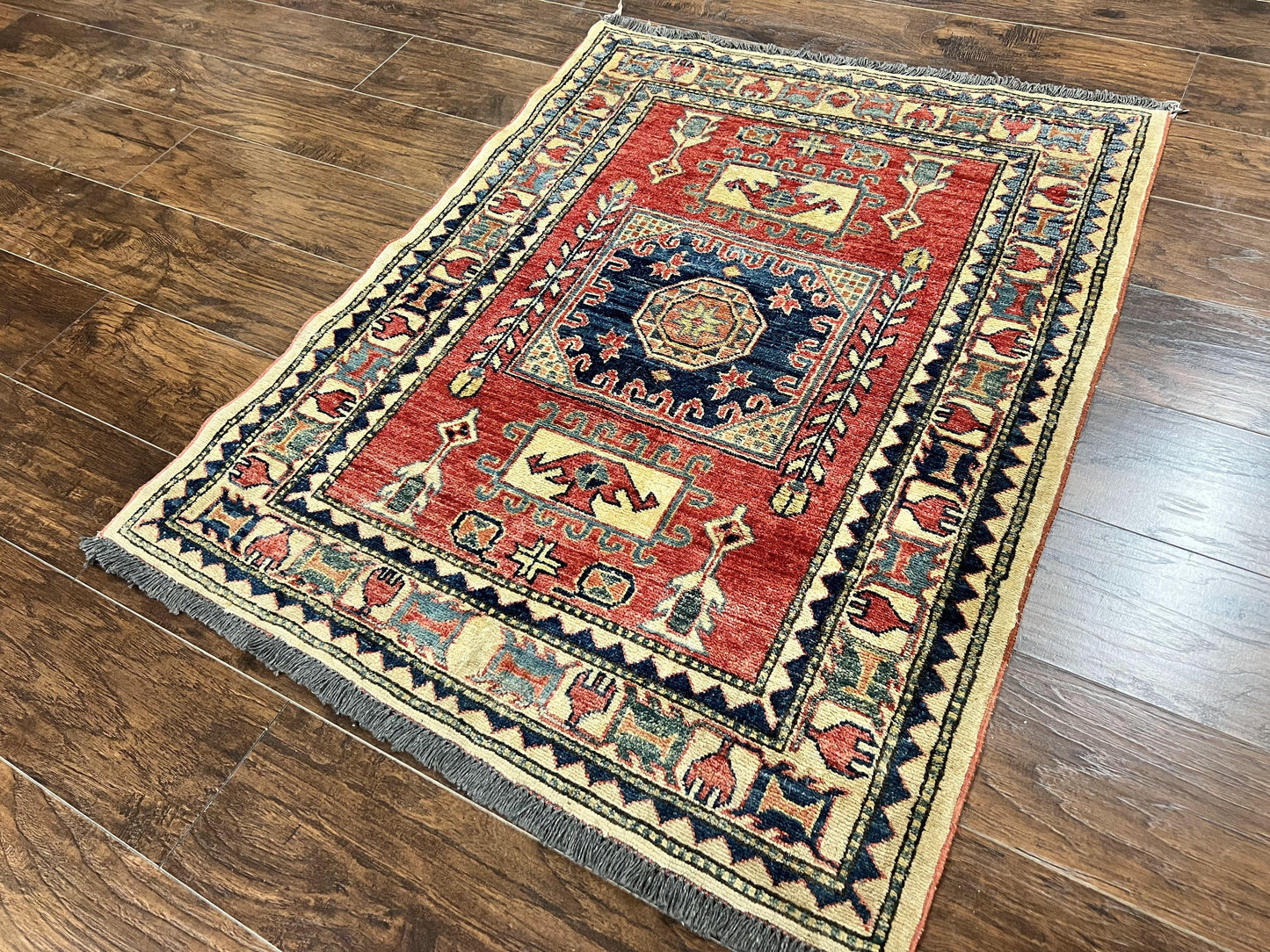 Turkish Kazak Rug 3x4, Wool Hand Knotted Small Vintage Carpet, Red Navy Blue, 3 x 4 Oriental Rug, Geometric Design