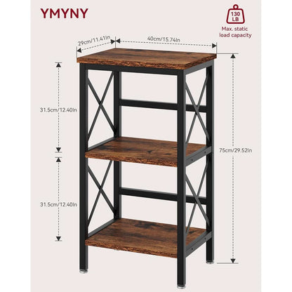 3 Tier Bookcase Industrial Metal Bookshelf With Side Fence in Rustic Brown Living Room Storage Display