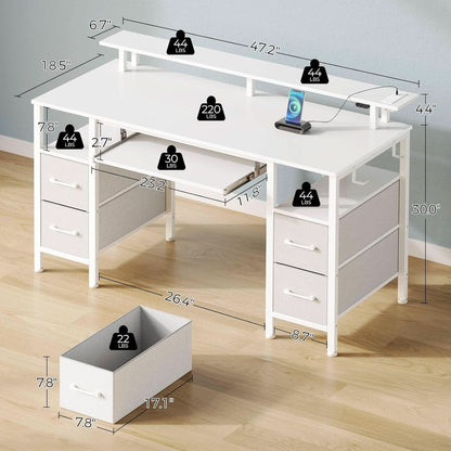 47.2 Inch White LED Desk With Power Outlets And Drawers