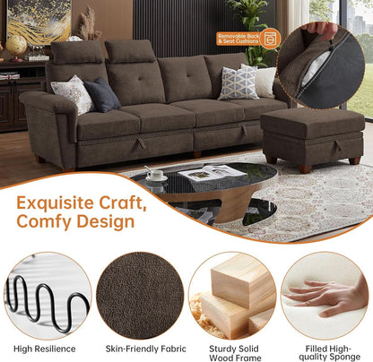 110 Inch Convertible Sectional Sofa With Storage Microfiber L Shaped Couch Ottoman Cup Holders
