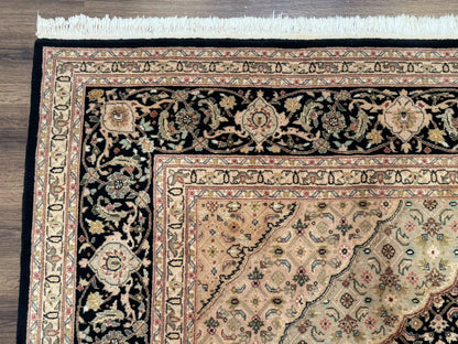 Sino Persian Rug 8x10, Herati Mahi Pattern, Fine 170 KPSI, Black, Wool and Silk Highlights