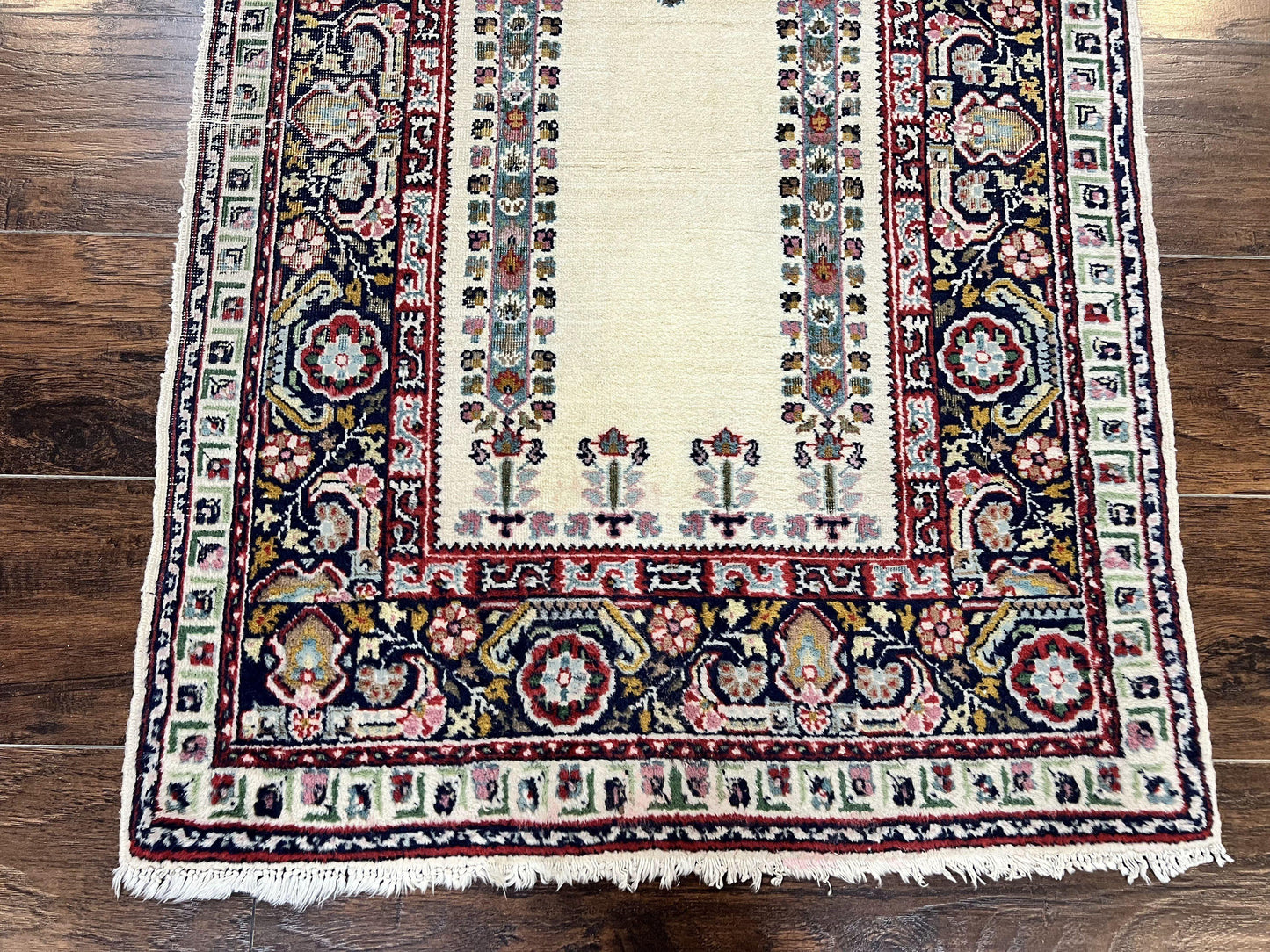 Turkish Prayer Rug 2.5 x 4, Vintage Wool Hand Knotted Carpet, Ivory