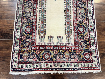 Turkish Prayer Rug 2.5 x 4, Vintage Wool Hand Knotted Carpet, Ivory