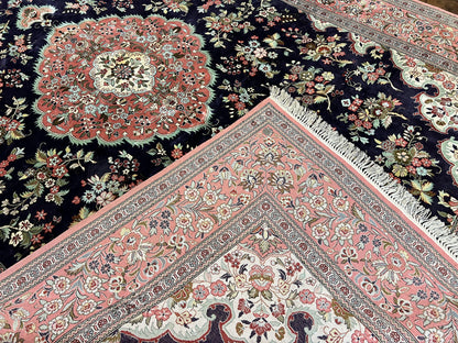 Stunning Silk Persian Qum Rug 7x9, Finely Hand Knotted Navy Blue & Salmon Floral Medallion Authentic Oriental Carpet, Vintage Handmade Silk Ghom Rug, Silk on Silk