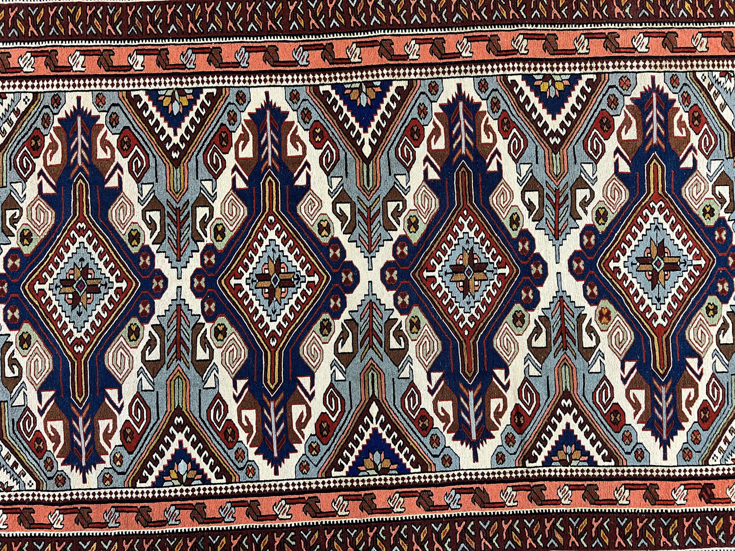 Russian Soumak Rug 6x8, Wool Handmade Antique Kilim Carpet, Multicolor 6 x 8 Geometric Medallions Caucasian Rug, Medium Size