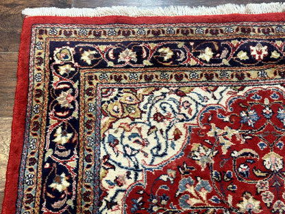 Persian Sarouk Rug 4x7, Red Navy Blue Vintage Wool Medallion Carpet