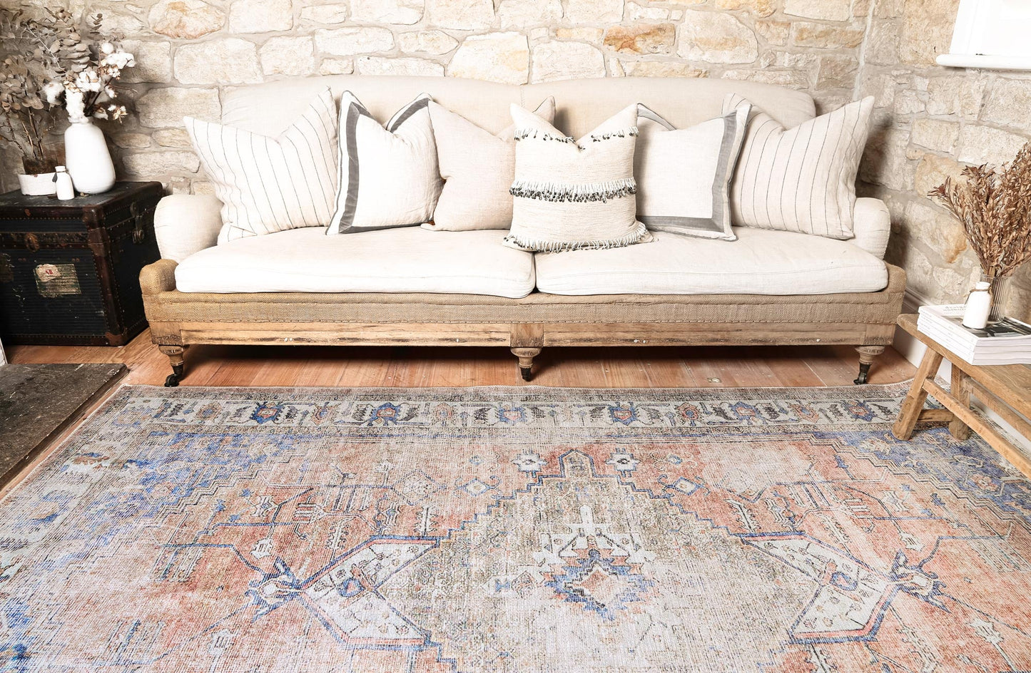 Distressed Vintage Pissarro Terracotta in Blue & Beige