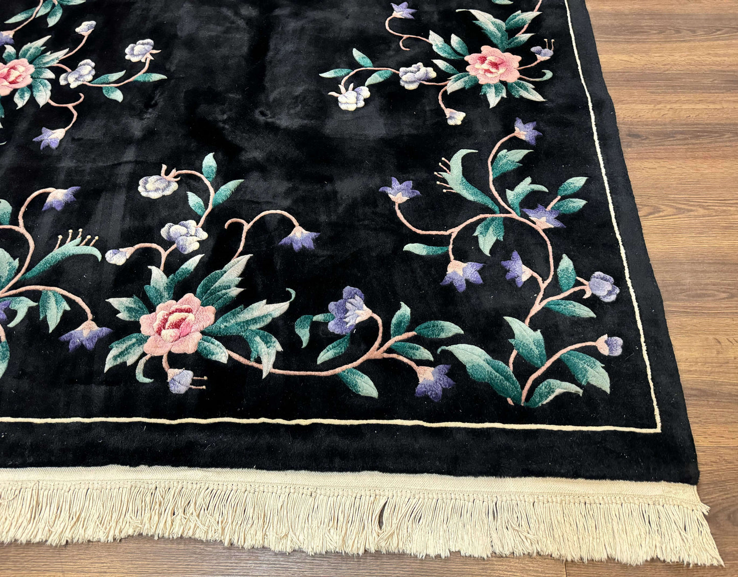 Chinese Wool Rug 6x9, Black, Floral, Minimal Design, 90 Line Carpet, Vintage Art Deco Rug