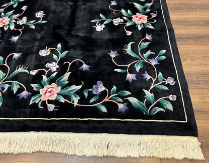 Chinese Wool Rug 6x9, Black, Floral, Minimal Design, 90 Line Carpet, Vintage Art Deco Rug