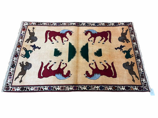 4x6 Rug Handmade Zagros Quality Wool Horses Tribal Hand-Knotted Rug Veggie Dye