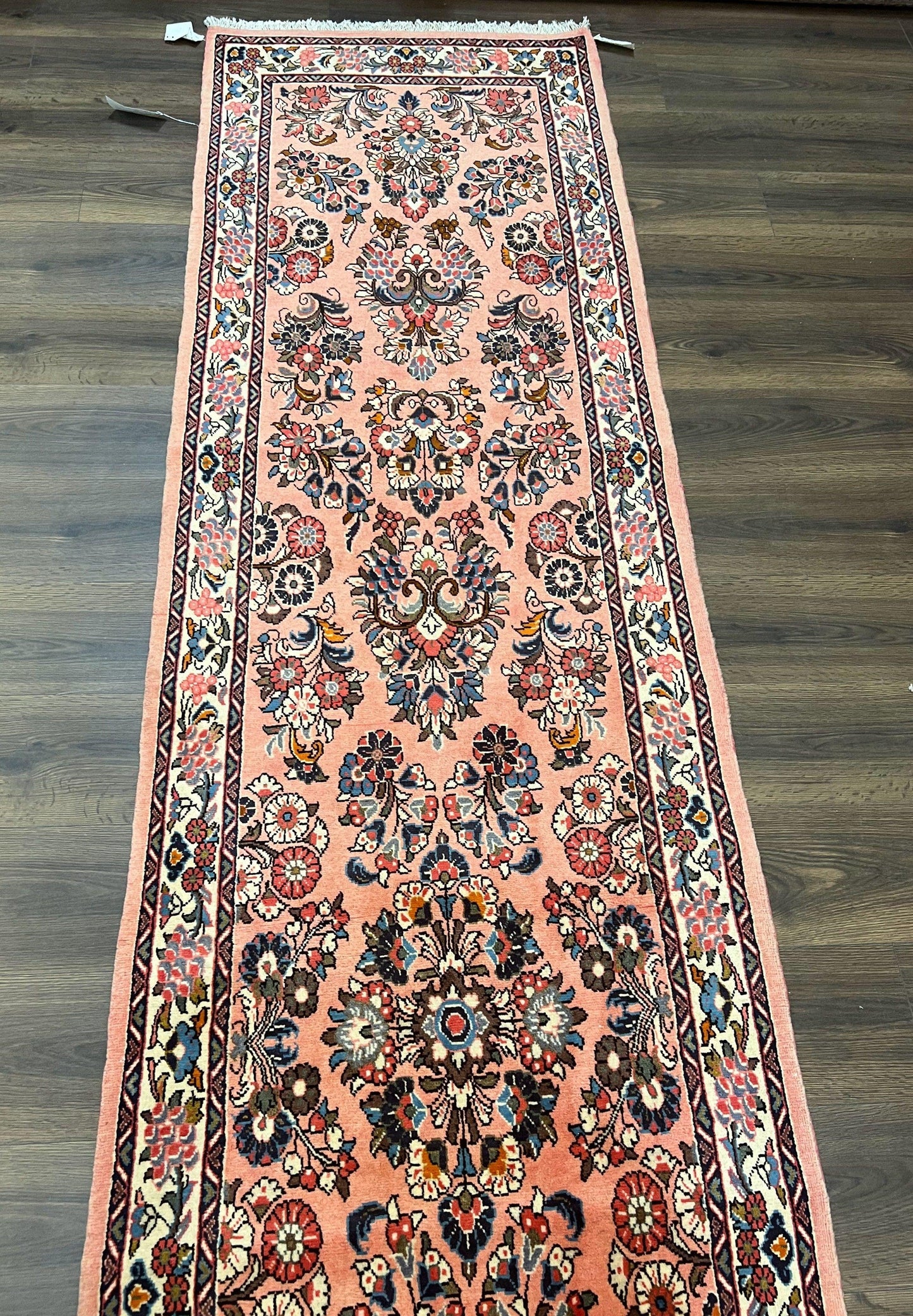 Persian Runner Rug 2.9 x 13.6, Semi Antique Vintage Persian Sarouk Hallway Rug, Wool Oriental Runner, Salmon and Cream, Floral Allover Hand Knotted