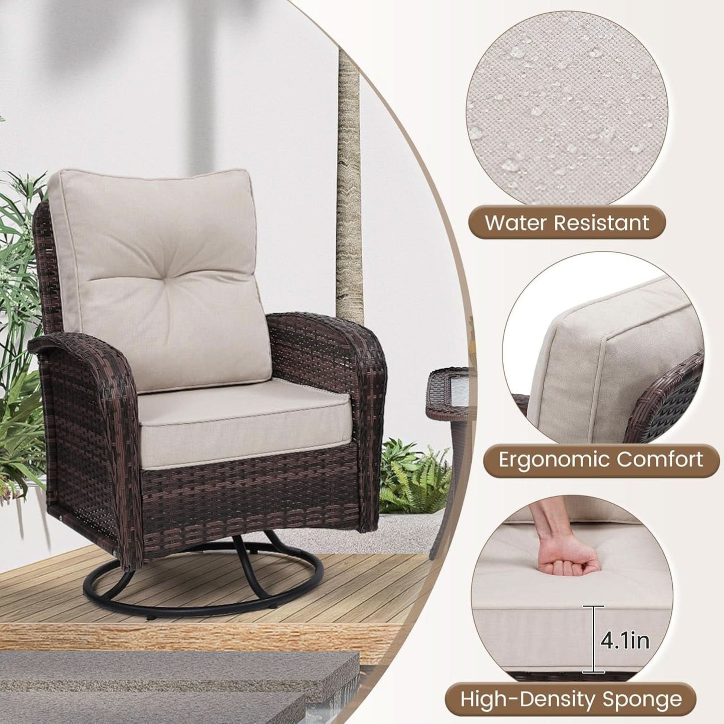 Two Outdoor Swivel Wicker Glider Patio Chairs With Table Set Brown Rattan And Beige Cushions