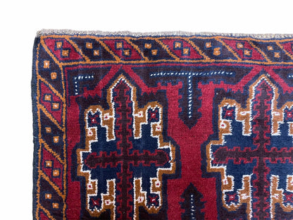2' 7" X 4' 6" Vintage Handmade Tribal Wool Rug Balouchi Rug Afghan Rug Red Blue