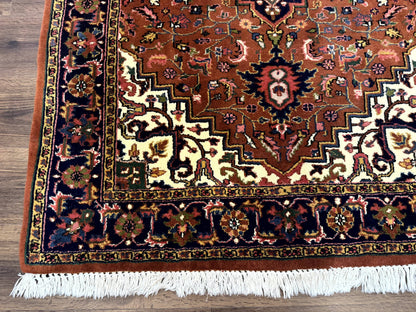 Indo Persian Heriz Rug 4x6, Rust Red Navy Blue and Cream