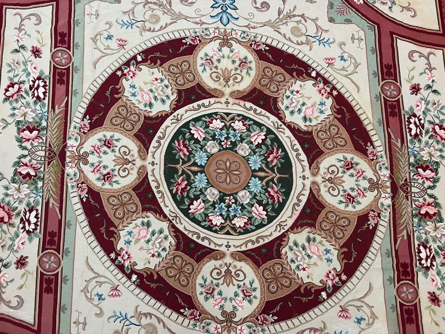 Needlepoint Rug 7.9 x 9, Beige Maroon Rose, Handmade Handwoven Flatweave Aubusson Savonnerie French European Elegant Carpet, Wool Rug