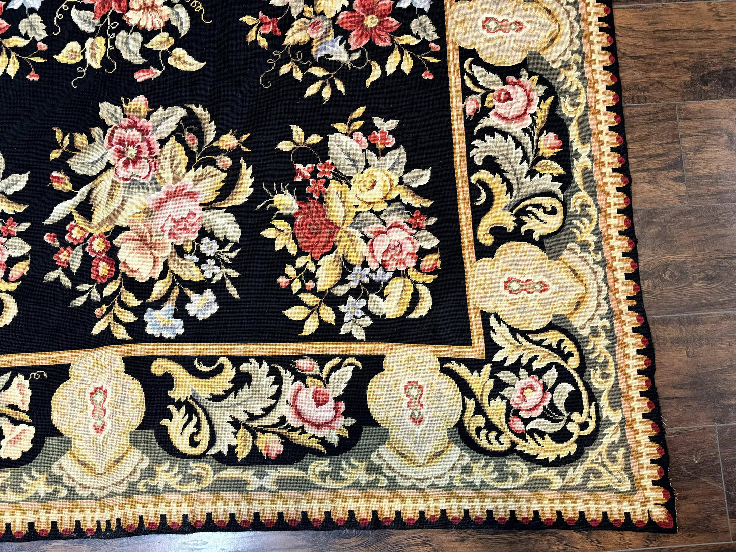 Palace Size Needlepoint Rug 12x16, Black and Colorful, Floral Panel, Handmade Oversized Wool Needlepoint Carpet, Rare