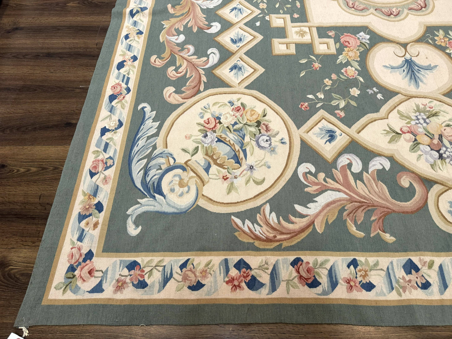 Aubusson Rug 9x12, Muted Sage Green and Cream, European Design