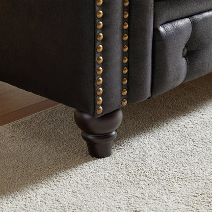 85.5" Chesterfield Sofa 3-Seater | Tech Fabric with Button Tufting, Rolled Arms & Wood Legs — Brown / Black