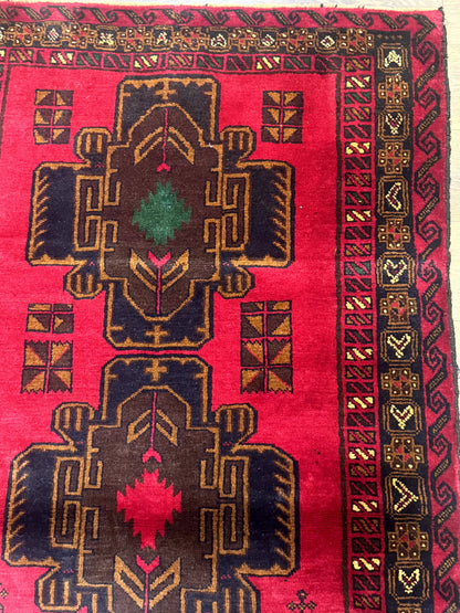 Red Afghan Balouch Rug 4x7, Triple Medallions, Handmade, New