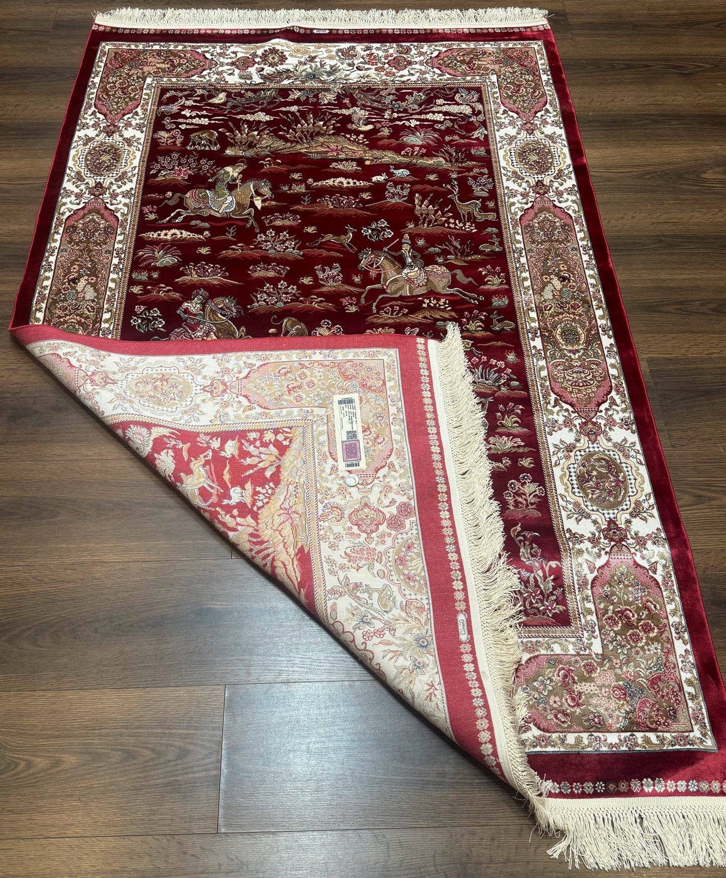 Turkish Silk Hunting Design Rug 4x6, Dark Red & Ivory, Bamboo Silk, New