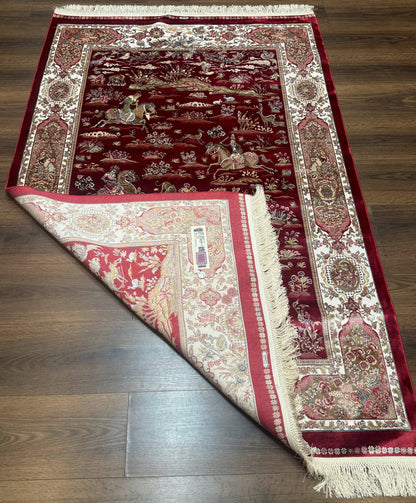 Turkish Silk Hunting Design Rug 4x6, Dark Red & Ivory, Bamboo Silk, New