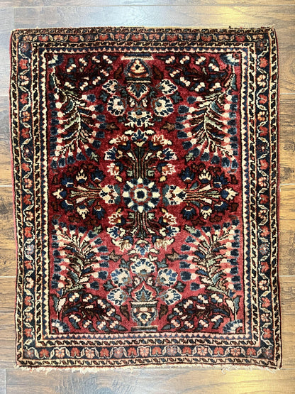 Antique Persian Sarouk Rug 2 x 2.5, Small Sarouk Carpet, Red Floral 1920s Red, Fine 170 KPSI, Wool Handmade Rug