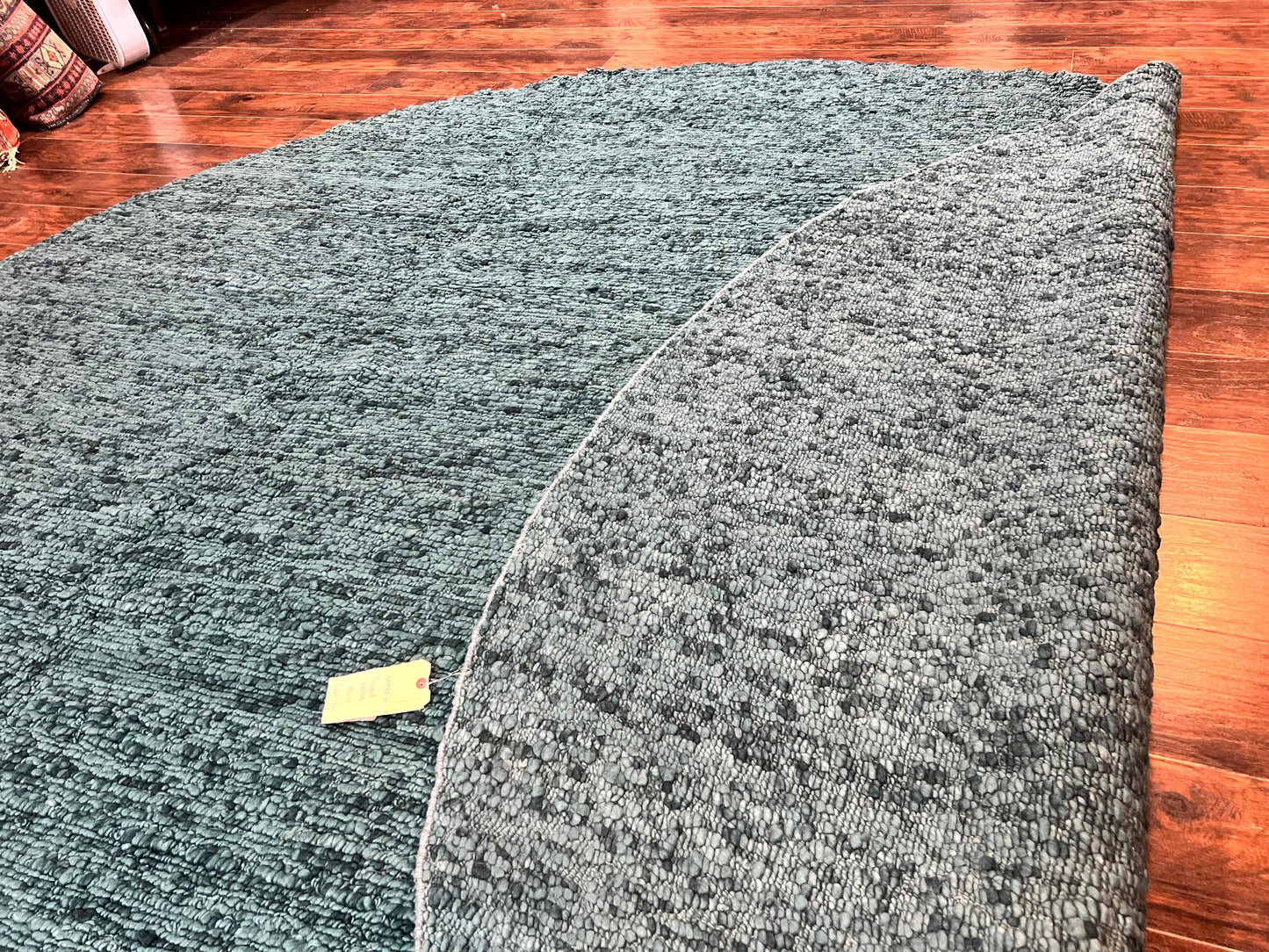 Large Round Indian Rug 11x11, Teal, Vintage Handmade Wool Carpet