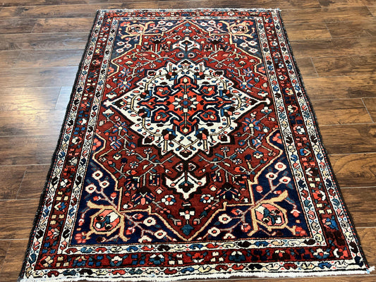 Persian Bakhtiari Rug 5 x 6.6, Tribal Geometric Carpet, Red Ivory, Handmade Wool Medium Sized Oriental Rug, Semi Antique Vintage