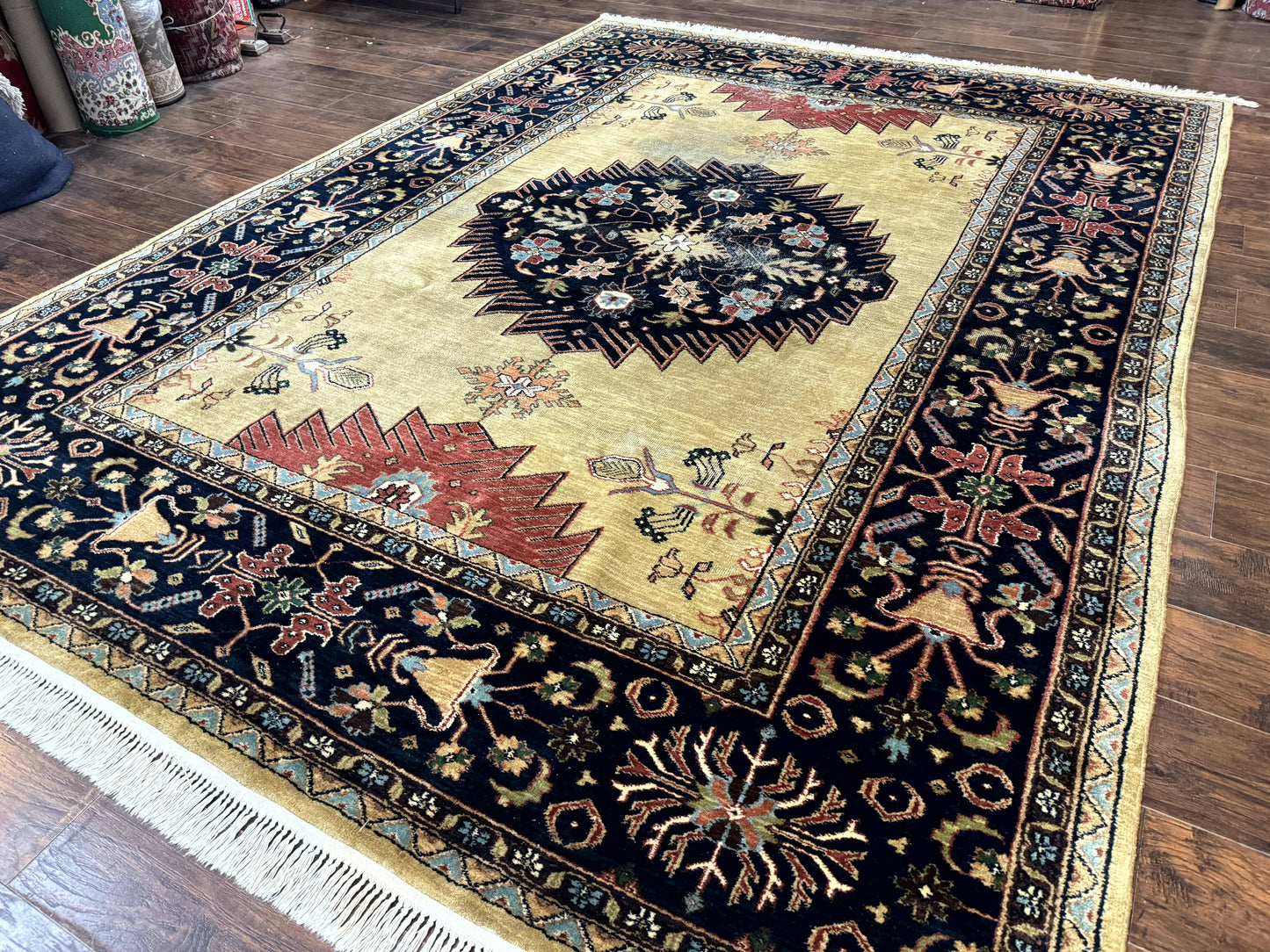 Indo Persian Heriz Rug 8x12, Camel Hair Tan and Navy Blue, Decorative