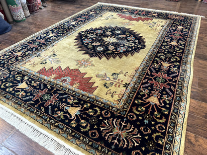 Indo Persian Heriz Rug 8x12, Camel Hair Tan and Navy Blue, Decorative