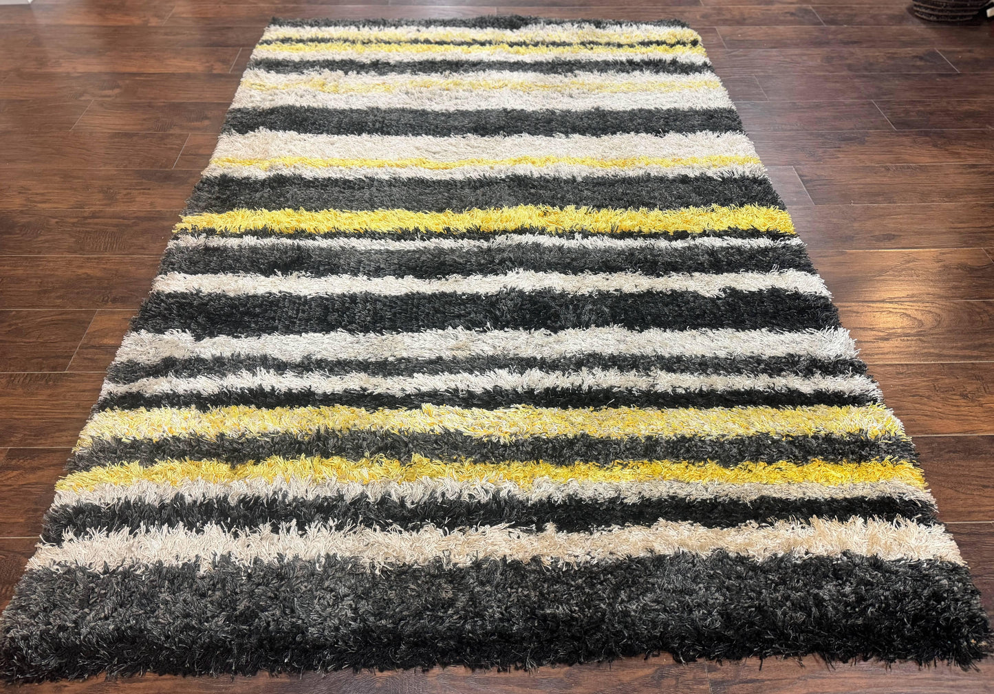 Shag Rug 5x8, Yellow Ivory Charcoal, Contemporary