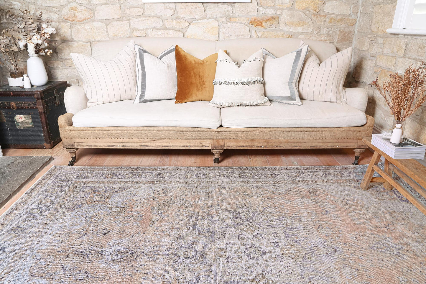 Distressed Vintage Oxus Desert in Grey & Beige Rug