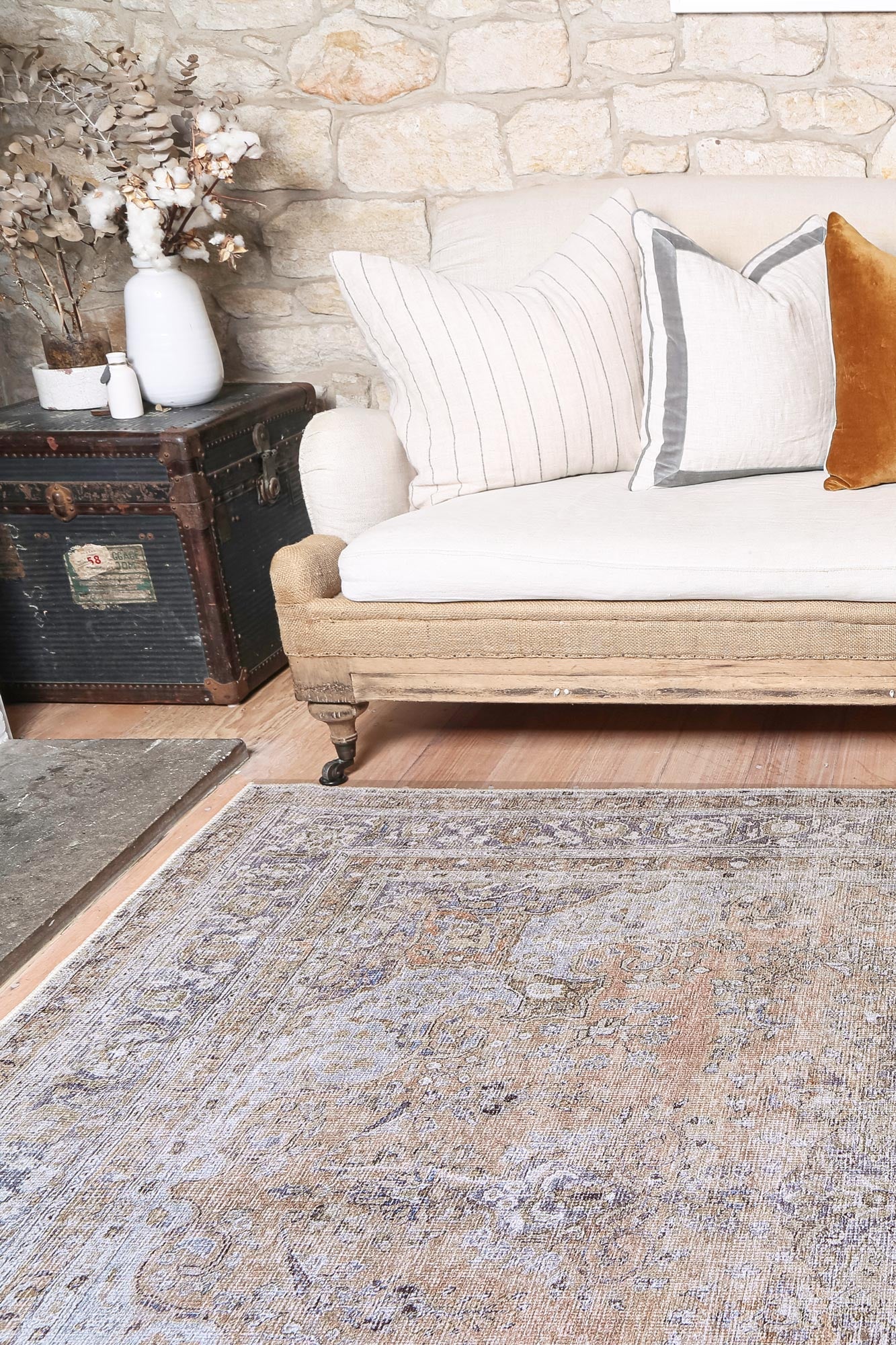 Distressed Vintage Oxus Desert in Grey & Beige Rug