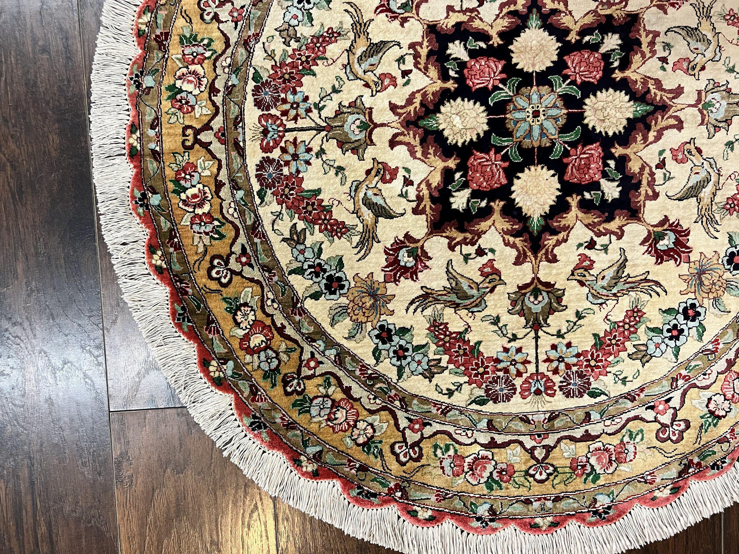 Silk Persian Tabriz Round Rug 3x3 ft, Very Fine Hand Knotted Carpet 380 KPSI, Cream & Gold, Bird Pictorials, Floral, Rare