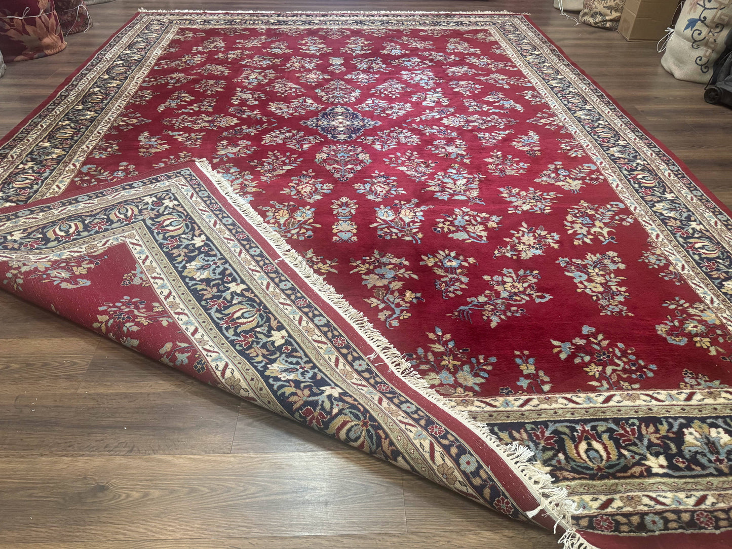 Indo Persian Sarouk Rug 10x14, Large Red and Navy Blue Carpet, Traditional Floral Wool Rug