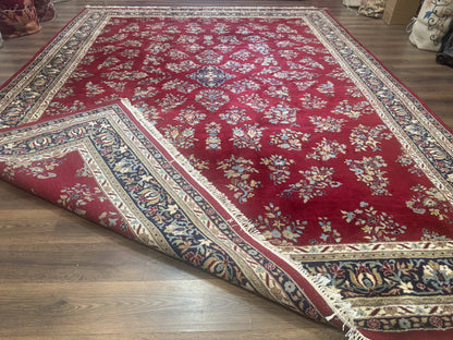 Indo Persian Sarouk Rug 10x14, Large Red and Navy Blue Carpet, Traditional Floral Wool Rug