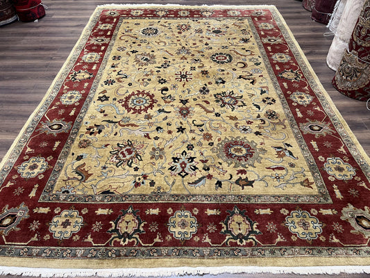 Indo Persian Mahal Rug 8x12, Wool Hand Knotted Oriental Carpet, Light Gold and Burgundy, Floral Allover, Vintage Room Sized Area Rug 8 x 12