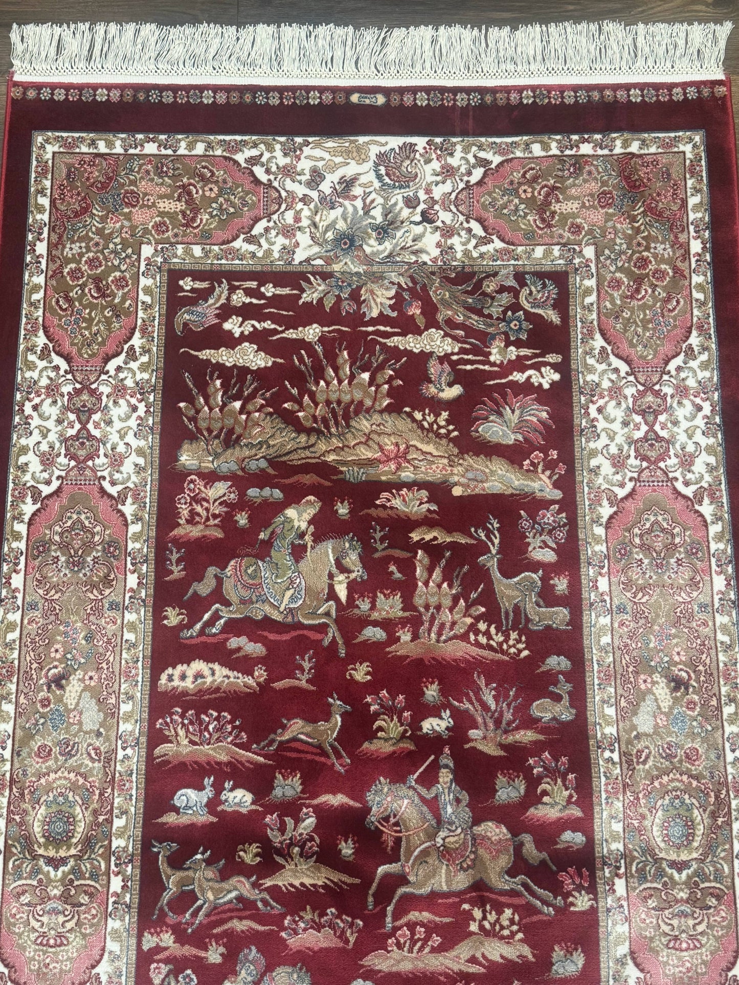 Turkish Silk Rug 3x5, Hunting Design, Dark Red & Ivory, Bamboo Silk, New