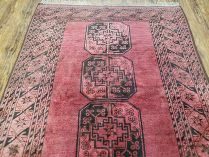 Antique Bukhara Area Rug, Vintage Afghan Bokhara Bashir Rug, 4x6 Hand-Knotted Oriental Carpet, Red & Black Wool Rug, 4' x 5'9