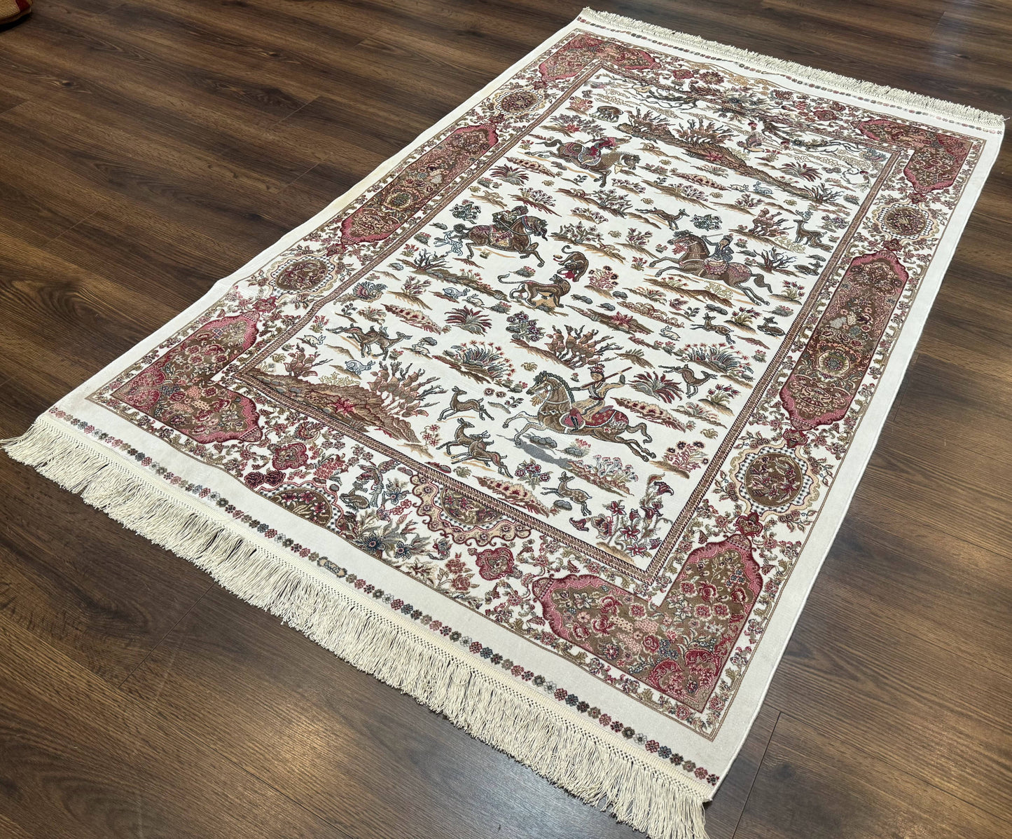 Turkish Silk Hunting Scene Rug 4x6, Ivory, Bamboo Silk, New