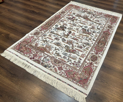 Turkish Silk Hunting Scene Rug 4x6, Ivory, Bamboo Silk, New