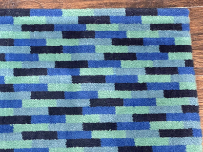 Wide Runner Rug 4.7 x 12, Blue Multicolor Contemporary Wool Power Loomed Rug, Mosiac Design