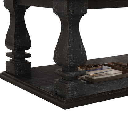 Farmhouse Coffee Table with Storage Shelf 47" Rustic Solid Wood Planked Top & Square Baluster Legs