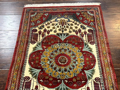 Persian Bijar Rug 2.6 x 4, Antique Carpet, Brick Red and Ivory