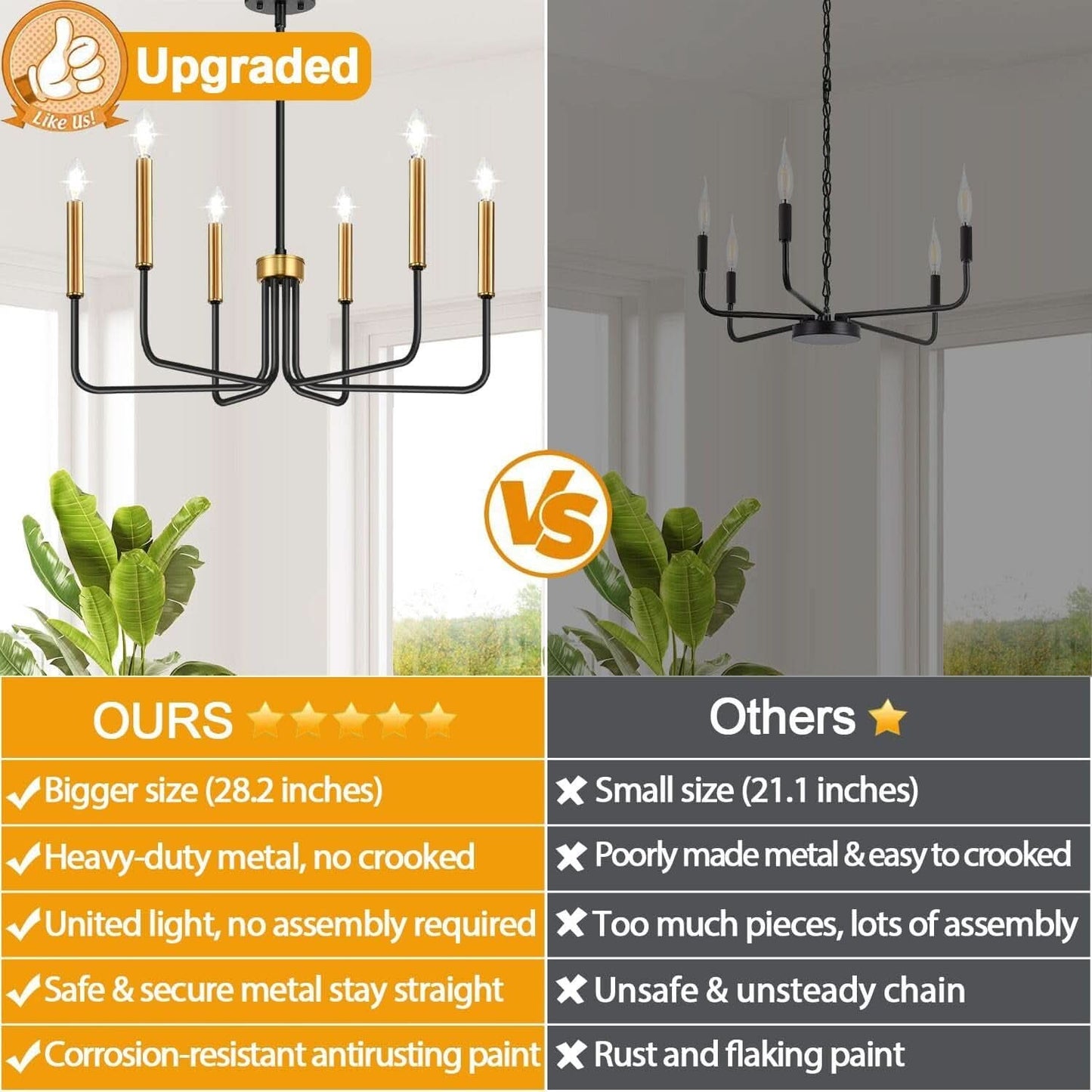 Black And Gold Six Light Farmhouse Chandelier For Dining Room