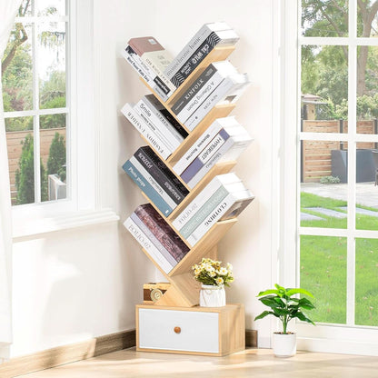 8 Tier Tree Bookshelf With Drawer Natural Wood Bookcase
